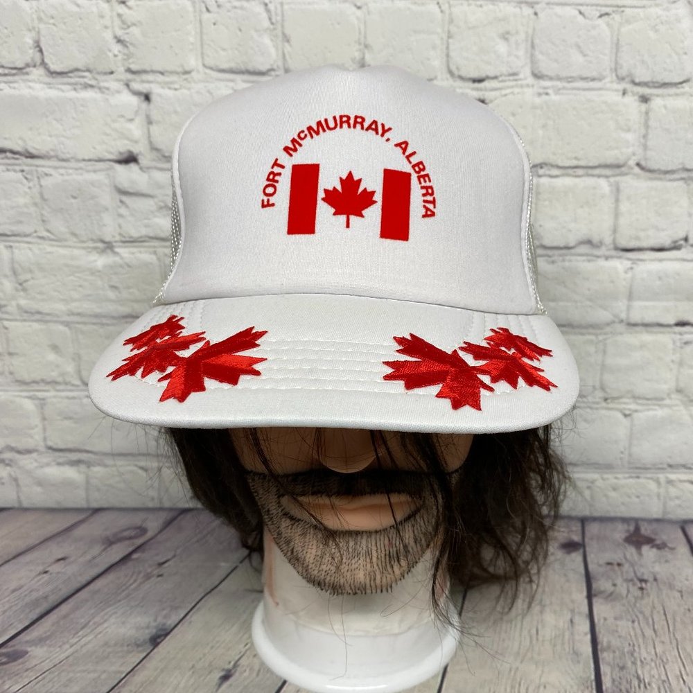 Vintage Trucker Hat Mesh Cap Snapback White Fort McMurray Alberta Canadian Flag